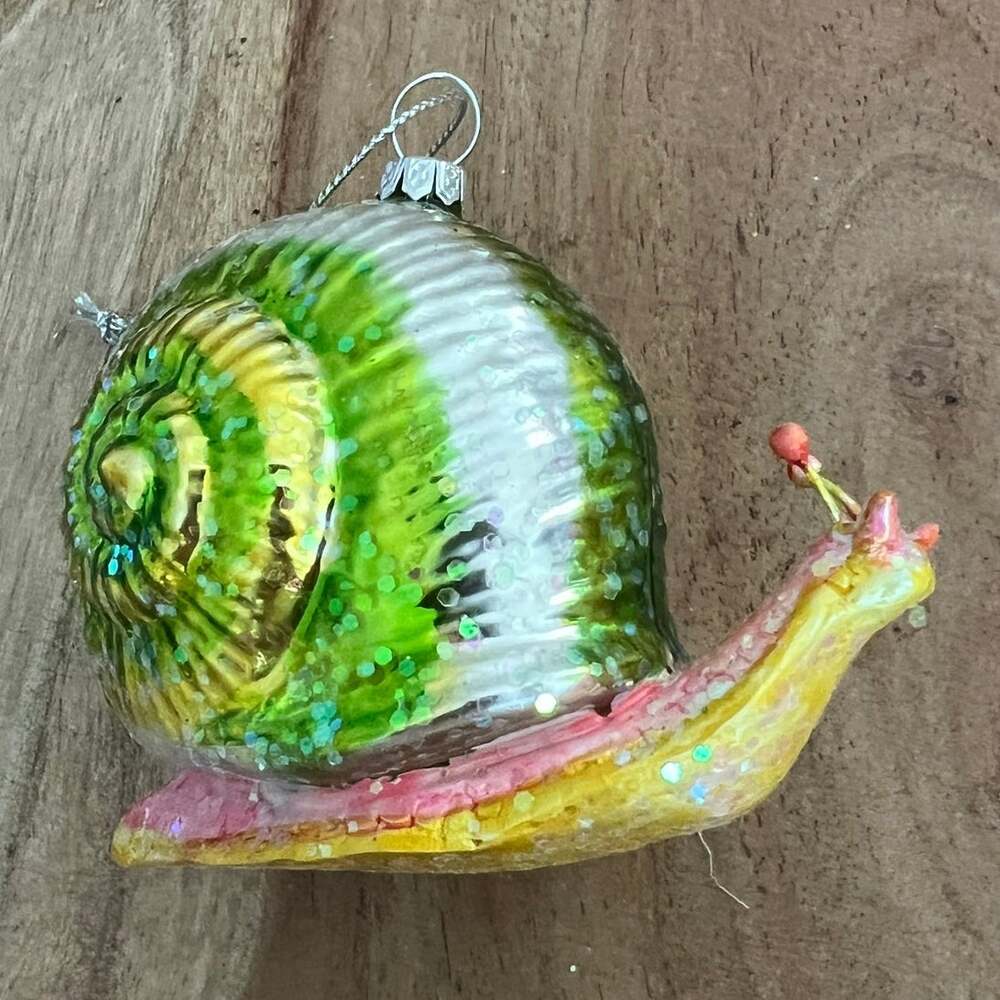 Ornament Christmas Tree hand-painted glitter green yellow blown glass snail
